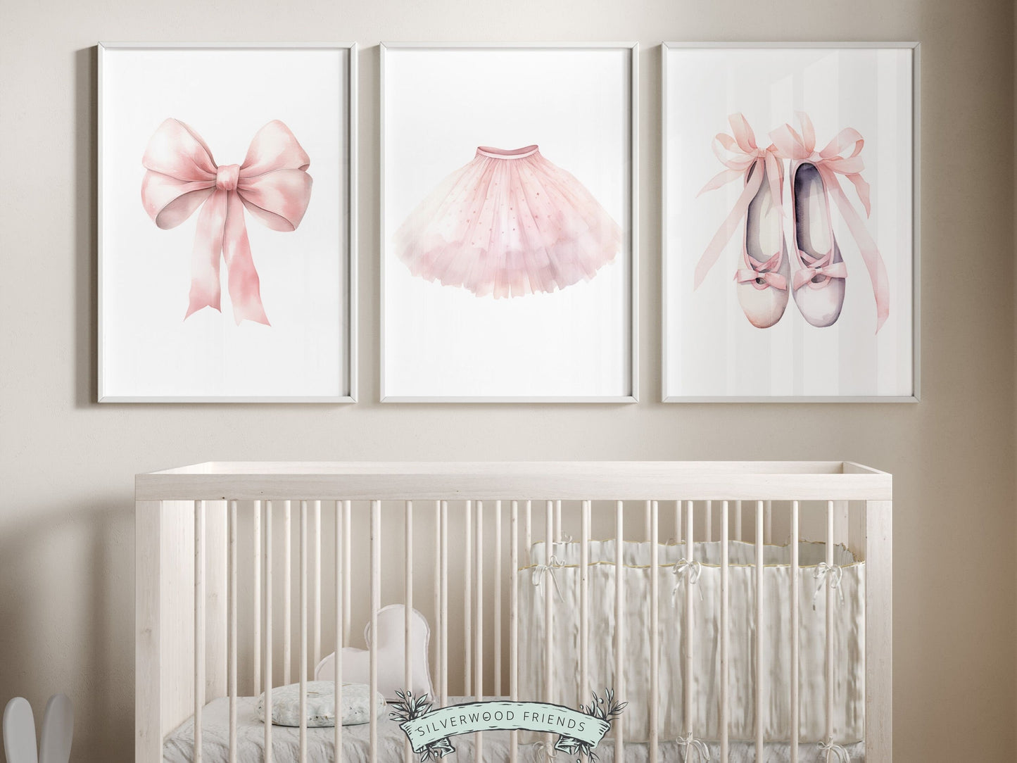 Set of 3 Ballet Nursery Prints, featuring a pale pink bow, tutu and ballet slippers. Perfect for your ballet nursery decor or dance inspired bedroom, these charming prints inspire imagination and foster a love for ballet.