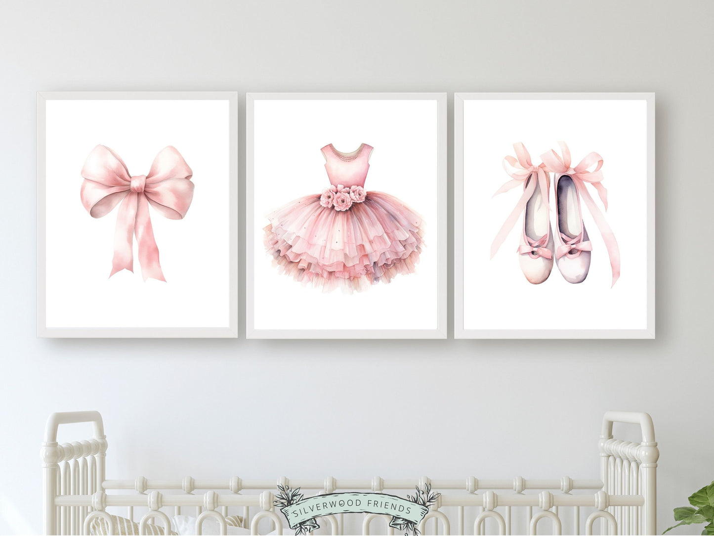 Set of 3 Ballet Nursery Prints, featuring a pale pink bow, tutu and bodice and ballet slippers. Perfect for your ballet nursery decor or dance inspired bedroom, these charming prints inspire imagination and foster a love for ballet