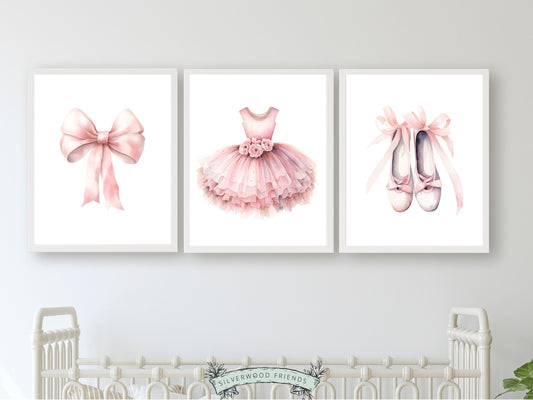 Set of 3 Ballet Nursery Prints, featuring a pale pink bow, tutu and bodice and ballet slippers. Perfect for your ballet nursery decor or dance inspired bedroom, these charming prints inspire imagination and foster a love for ballet