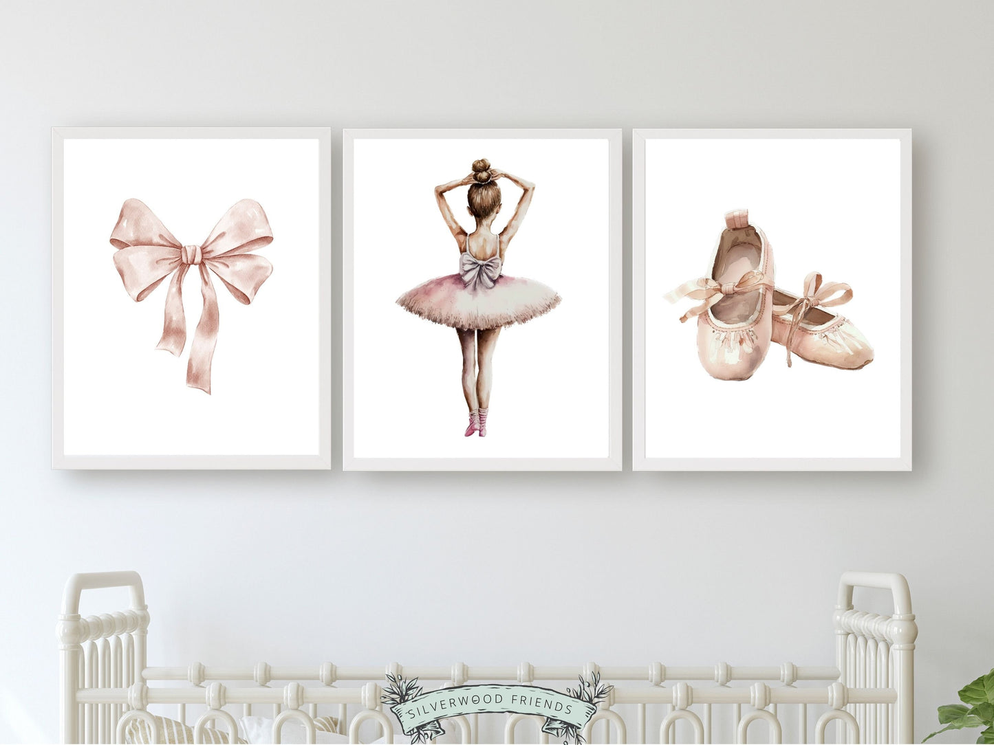 Set of 3 Ballet Nursery Prints, capturing the magic of a little ballerina, bow and ballet slippers. Perfect for your ballet nursery decor or as a unique baby girls baby shower gift.