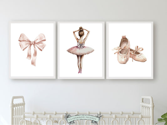 Set of 3 Ballet Nursery Prints, capturing the magic of a little ballerina, bow and ballet slippers. Perfect for your ballet nursery decor or as a unique baby girls baby shower gift.