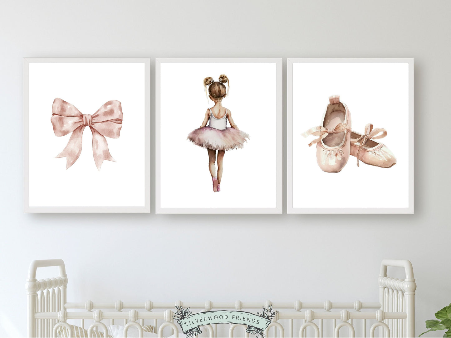Set of 3 Ballet Nursery Prints, capturing the magic of a little ballerina, bow and ballet slippers. Adorn her space with these whimsical prints inspiring dreams of twirls and tiptoes. Perfect for your ballet nursery decor or as a unique baby girls baby shower gift.