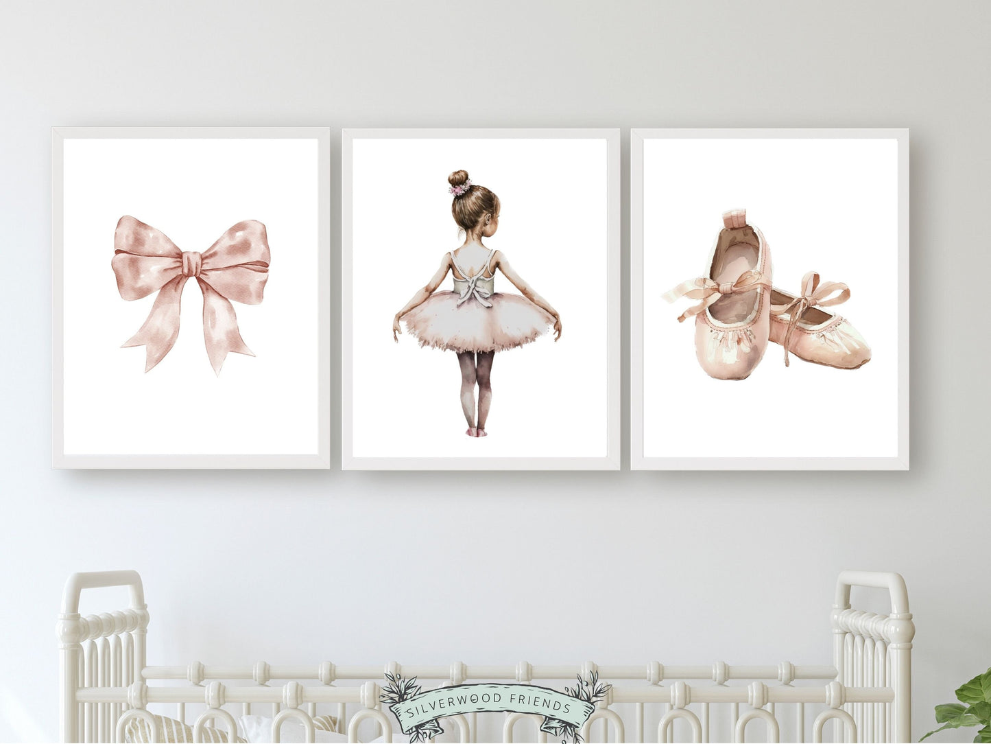 Set of 3 Ballet Nursery Prints, capturing the magic of a little ballerina, bow and ballet slippers. Adorn her space with these whimsical prints inspiring dreams of twirls and tiptoes. Perfect for your ballet nursery decor or as a unique baby girls baby shower gift.