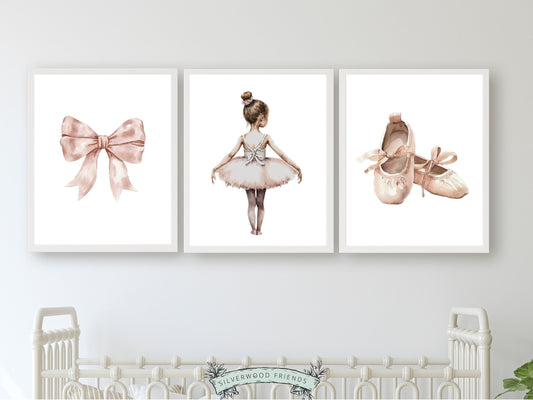 Set of 3 Ballet Nursery Prints, capturing the magic of a little ballerina, bow and ballet slippers. Adorn her space with these whimsical prints inspiring dreams of twirls and tiptoes. Perfect for your ballet nursery decor or as a unique baby girls baby shower gift.
