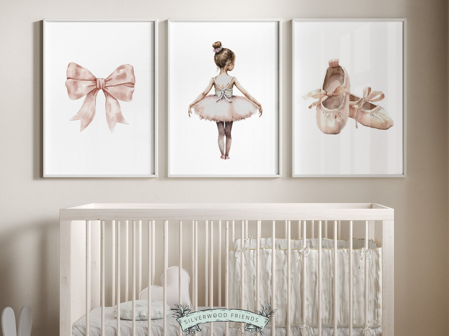 Set of 3 Ballet Nursery Prints, capturing the magic of a little ballerina, bow and ballet slippers. Adorn her space with these gorgeous prints. Perfect for your ballet nursery decor or as an adorable baby girls ballet baby shower gift.