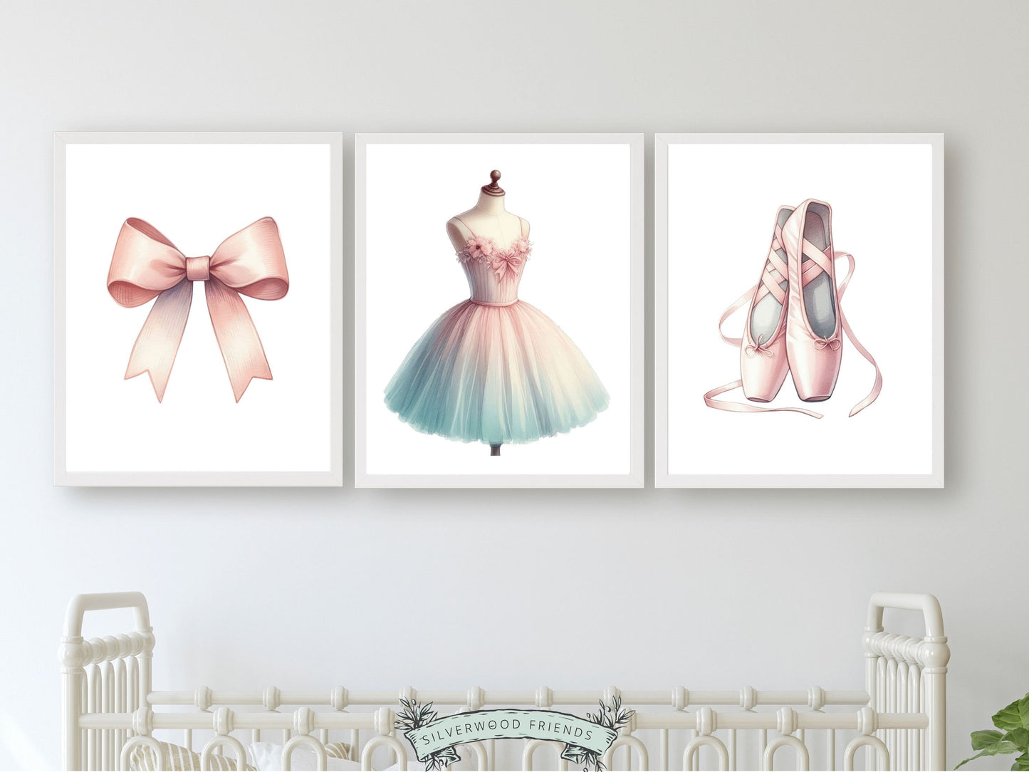 Set of 3 Ballet Prints. These whimsical artworks are an ideal addition to ballet nursery decor, creating a dreamy ambiance or making for a distinctive baby girls baby shower gift that captivates the magic of twirls and tiptoes.