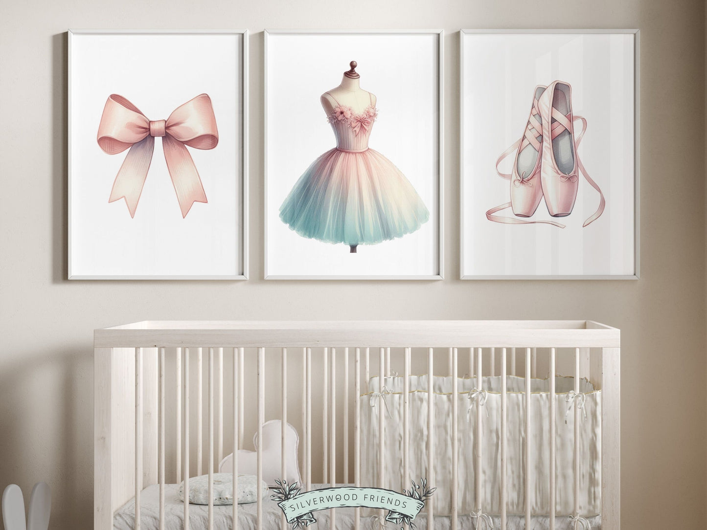 Set of 3 Ballet Prints. These whimsical artworks are an ideal addition to ballet nursery decor, creating a dreamy ambiance or making for a distinctive baby girls baby shower gift that captivates the magic of twirls and tiptoes.