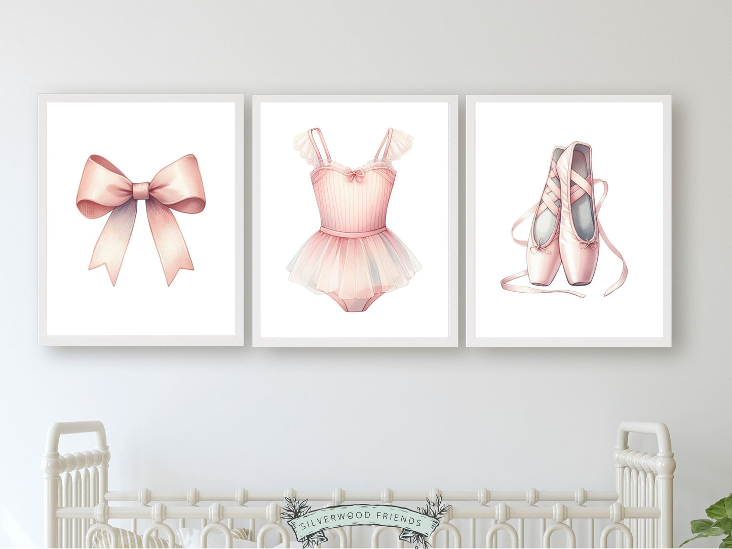 Set of 3 Ballet Prints, showcasing delicate pale pink ballet shoes, bow, and tutu. These whimsical artworks make for an ideal addition to your ballet nursery decor, creating a dreamy ambiance or as an adorable baby shower gift that captures the enchantment of twirls and tiptoes.
