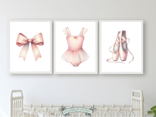 Set of 3 Ballet Prints, showcasing delicate pale pink ballet shoes, bow, and tutu. These whimsical artworks make for an ideal addition to your ballet nursery decor, creating a dreamy ambiance or as an adorable baby shower gift that captures the enchantment of twirls and tiptoes.
