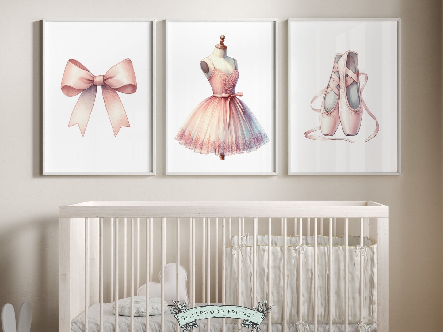 Set of 3 Ballet Prints, showcasing delicate pale pink ballet shoes, bow, and tutu. These whimsical artworks make for an ideal addition to your ballet nursery decor or as an adorable baby shower gift that captures the enchantment of twirls and tiptoes