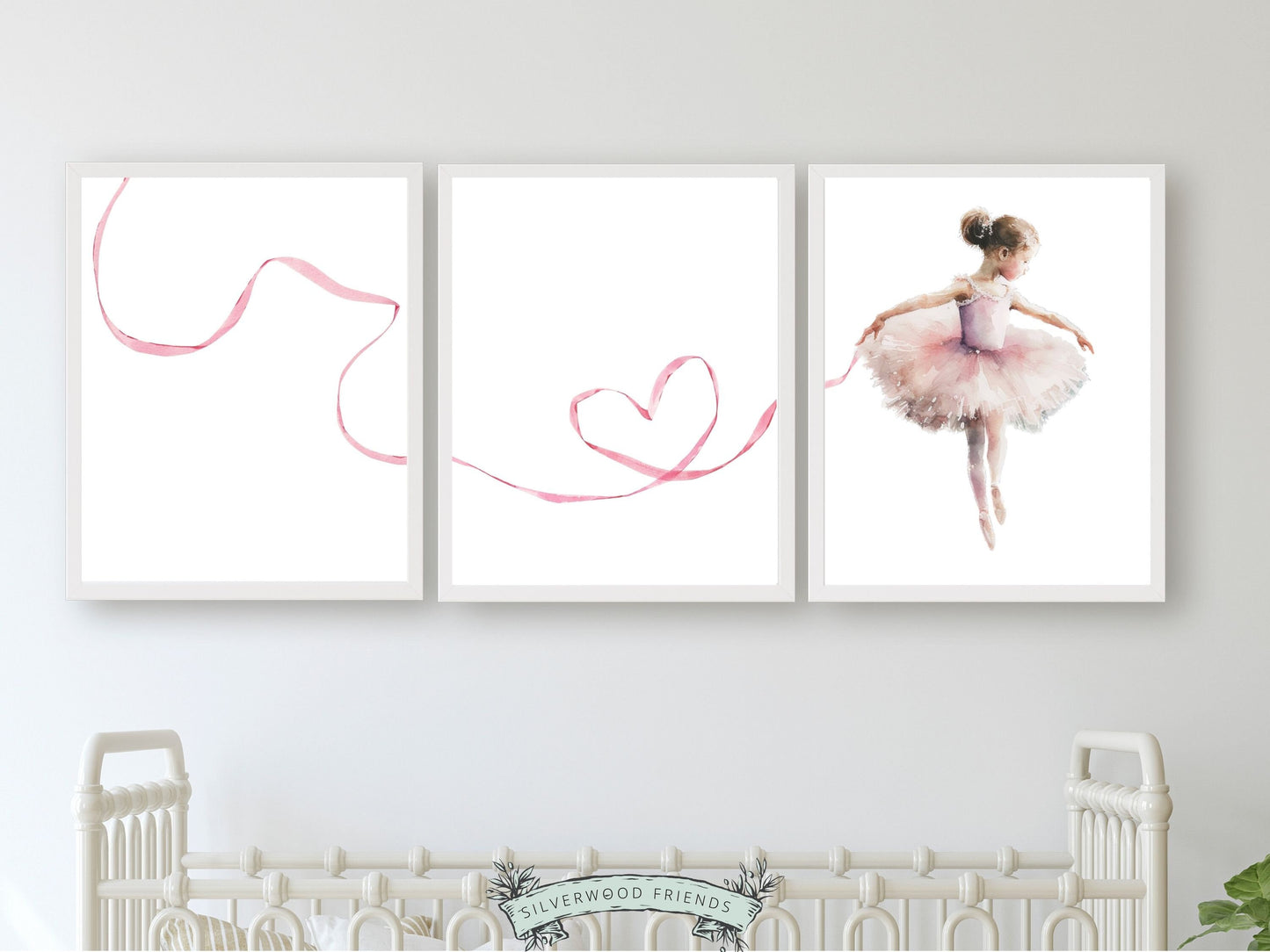 Set of 3 Ballet Nursery Prints, capturing the magic of a little ballerina dancing. Adorn her space with these whimsical prints inspiring dreams of twirls and tiptoes. Perfect for your ballet nursery decor or as a unique baby girls baby shower gift.