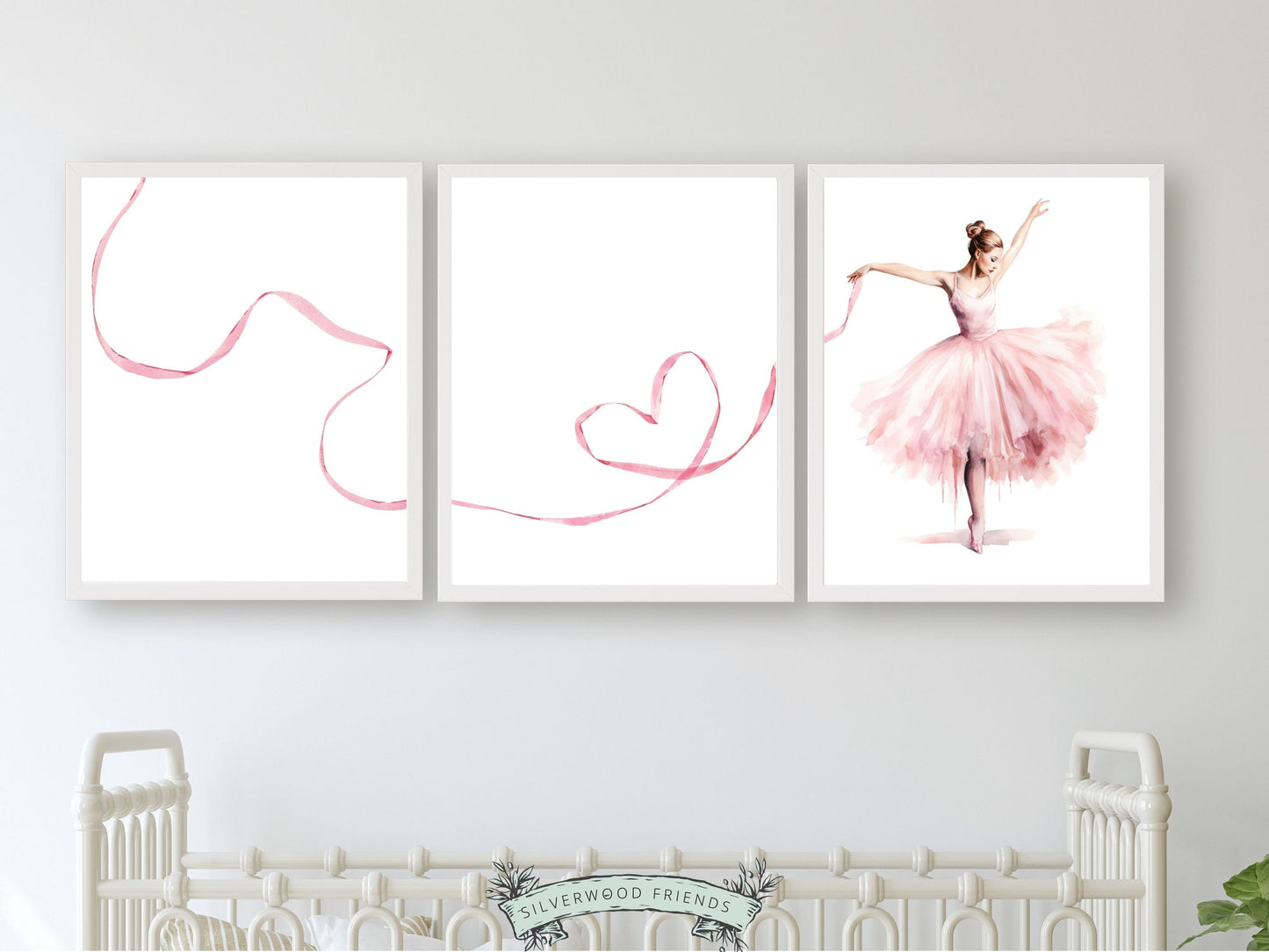 Set of 3 Ballet Nursery Prints, capturing the magic of a graceful ballerina dancing. Adorn her space with these whimsical prints inspiring dreams of twirls and tiptoes. Perfect for your ballet nursery decor or as a unique baby girls baby shower gift.