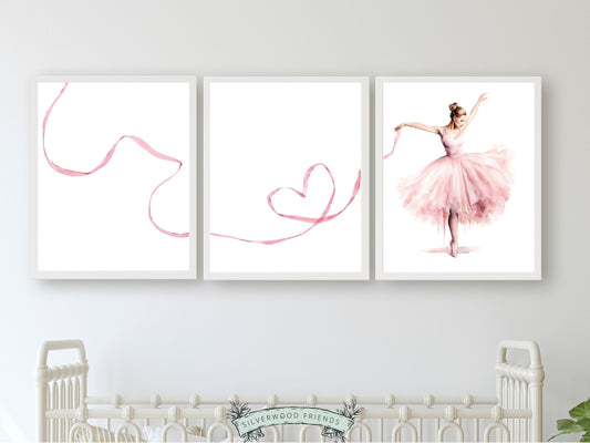 Set of 3 Ballet Nursery Prints, capturing the magic of a graceful ballerina dancing. Adorn her space with these whimsical prints inspiring dreams of twirls and tiptoes. Perfect for your ballet nursery decor or as a unique baby girls baby shower gift.