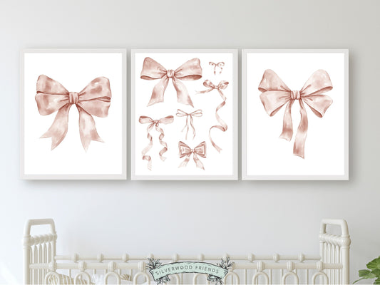 Set of 3 Pink Bow Prints, exuding a perfect blend of preppy charm and balletcore elegance. These delightful prints are a versatile addition to any room, whether youre styling a preppy dorm room or enhancing your baby girls nursery decor.