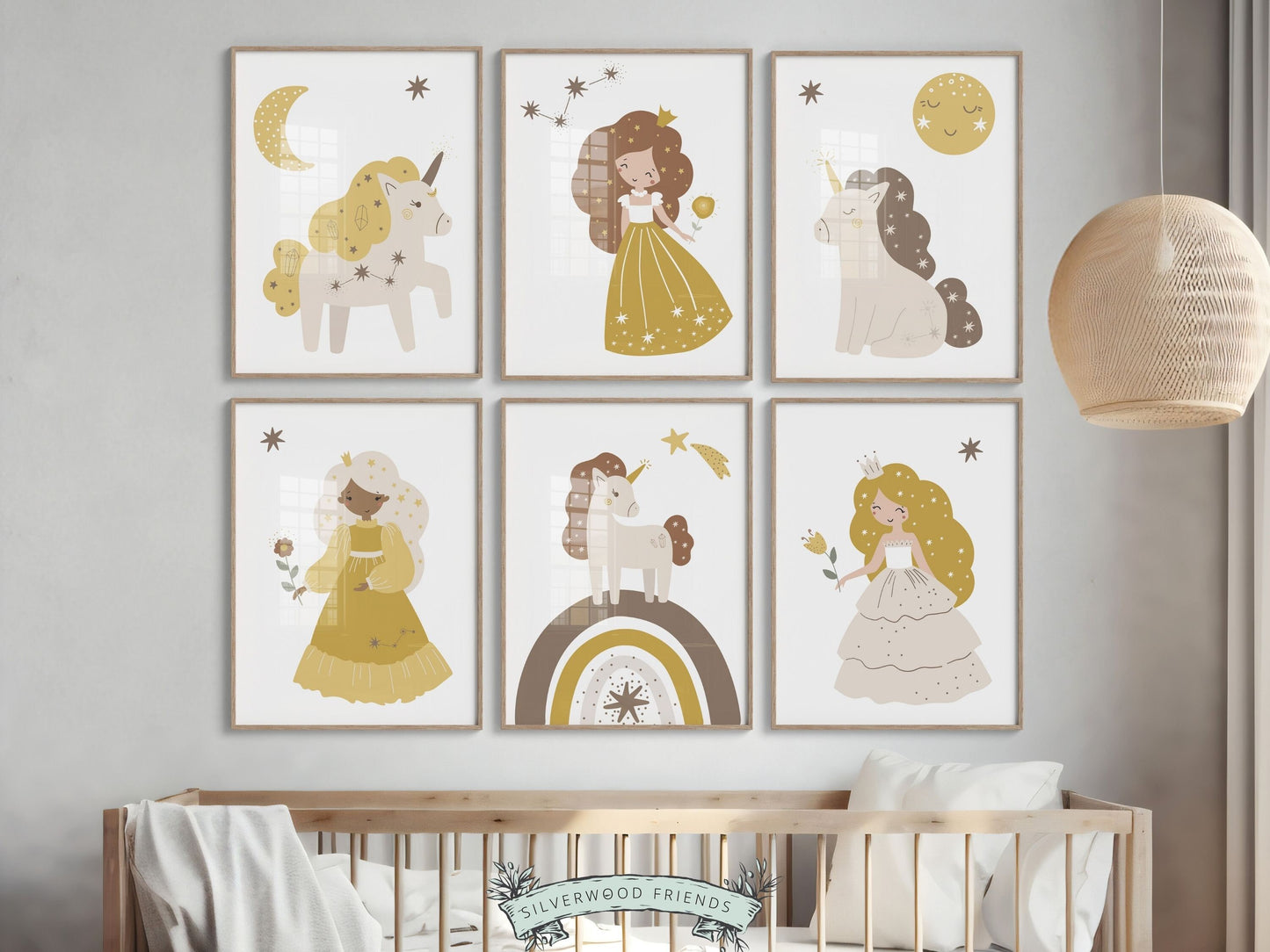 Set of 6 Fairytale Nursery Prints. Featuring charming illustrations of princesses, unicorns, rainbow and celestial elements, these prints will add a touch of magic and wonder to your baby girls nursery decor.