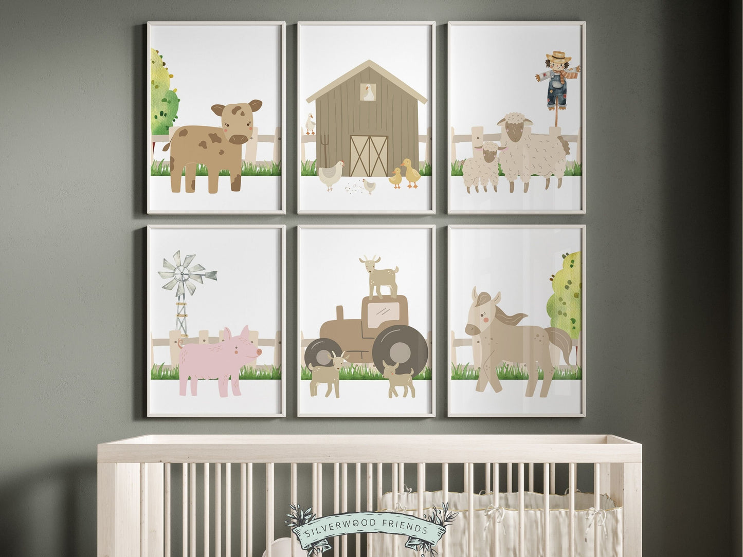 Our Baby Farm Animal Nursery Prints Set of 6 featuring adorable baby farm animals in a calming neutral color palette, is perfect for your farm nursery decor or as a unique gender neutral farm baby shower gift.