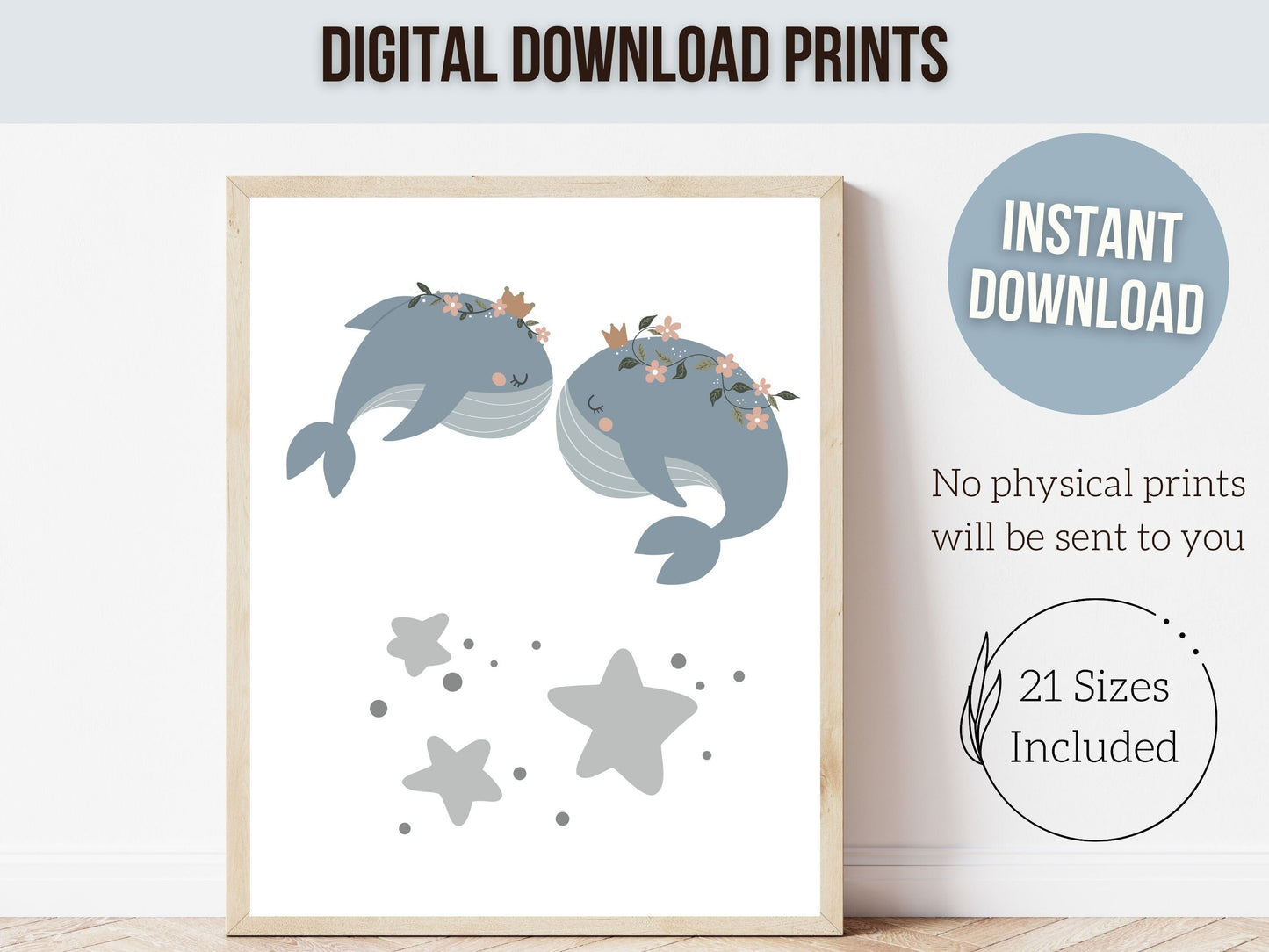 Blue Whale Nursery Wall Art, Baby Girl's Celestial Whale Nursery Decor, Ocean Newborn Gift, Girls Under The Sea Whale Nursery Digital Prints