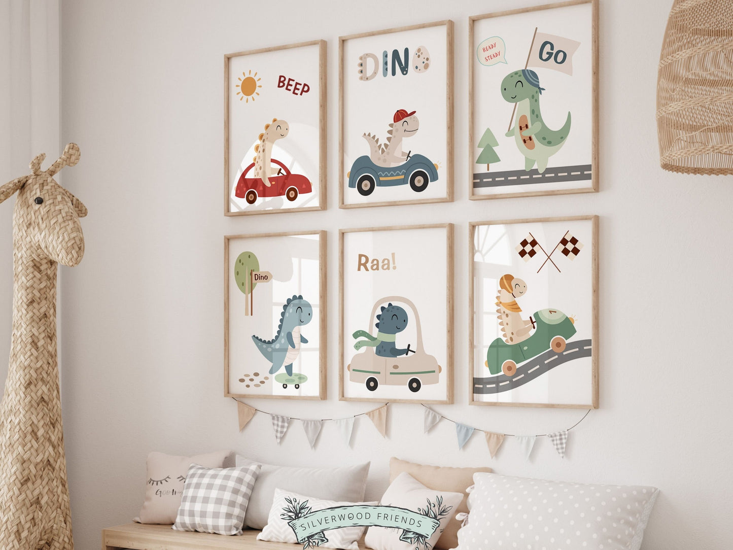 Dinosaur Nursery Prints, Dinosaur Driving Racing Car Print, Baby Boys Dino Bedroom Decor, Kids Room Dino Print, Dinosaur Room Digital Prints