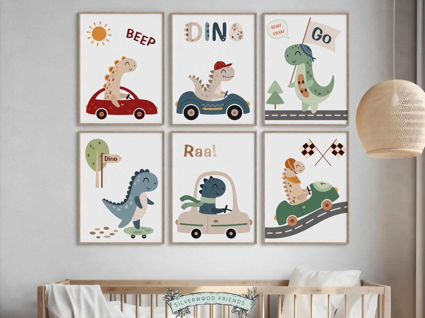Set of 6 Dinosaur Nursery Prints. Each print showcases a different prehistoric creature driving a different type of racing car or skateboard and is perfect for your dinosaur theme nursery or transport theme nursery and as a dino baby shower gift.