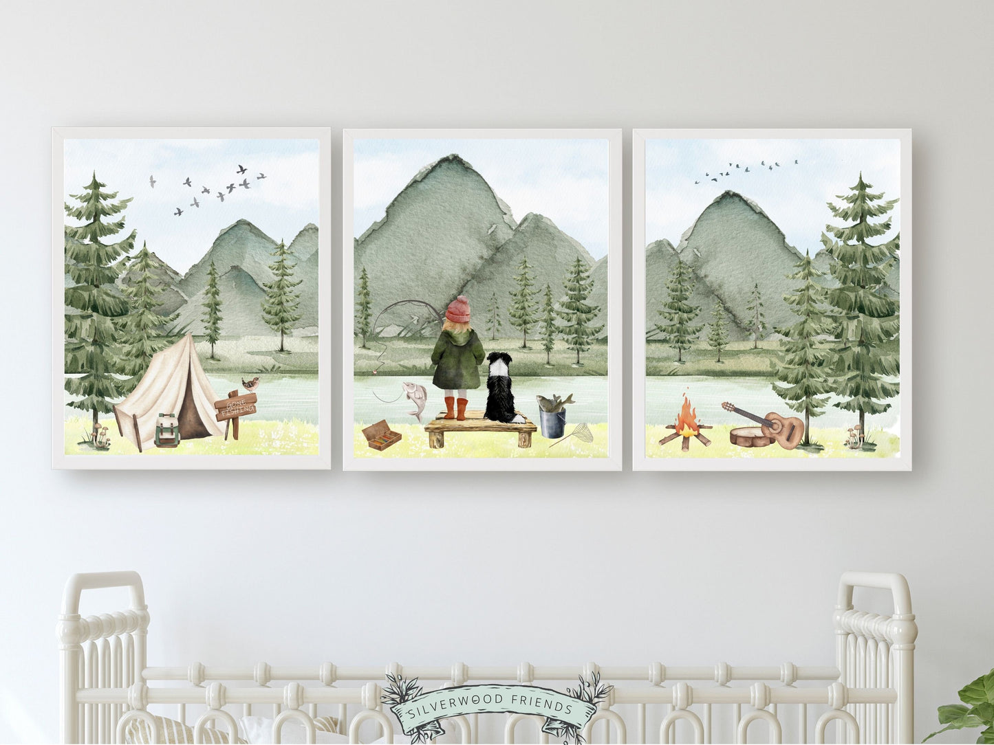 Our adorable watercolour Girl's Fishing Nursery Prints featuring a little girl and her dog fishing and camping by a river and woodland forest, are the perfect addition to your babys woodland nursery decor and also makes a lovely baby shower gift.