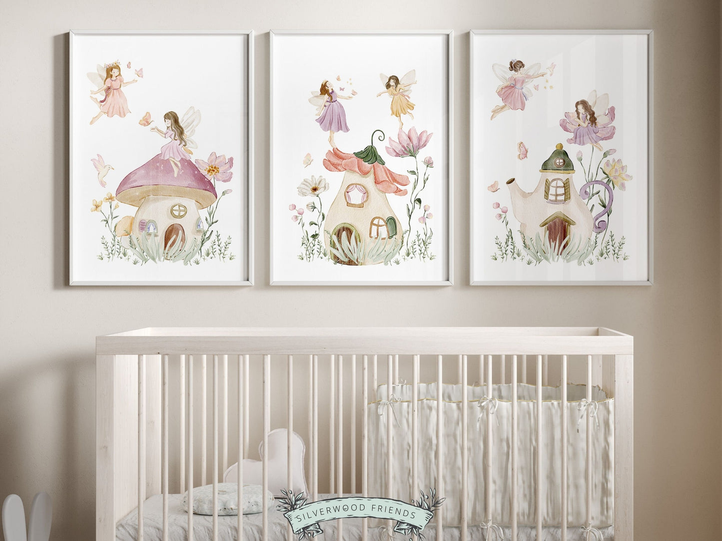 Wildflower Fairy Nursery Prints with watercolor fairies, fairy houses, butterflies and wildflowers is perfect for your baby girls wildflower nursery decor or fairy nursery and also makes a lovely baby girl baby shower gift that will be adored.