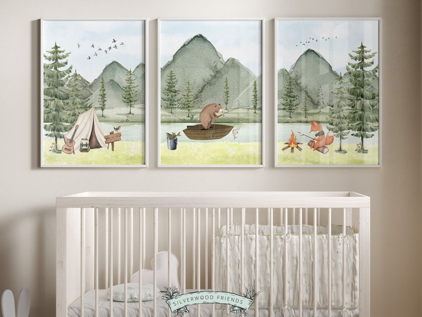 Our adorable baby bear and fox Camping Nursery Prints are the perfect addition to your babys woodland nursery decor and also make a lovely woodland baby shower gift.