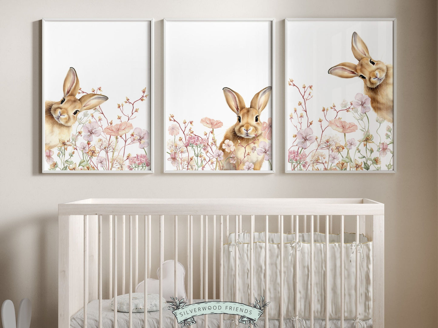 Our gorgeous Bunny Wildflower Nursery Prints with watercolor bunny rabbits and wildflowers, are perfect for your little girls wildflower nursery decor and also makes an adorable baby girl baby shower gift.