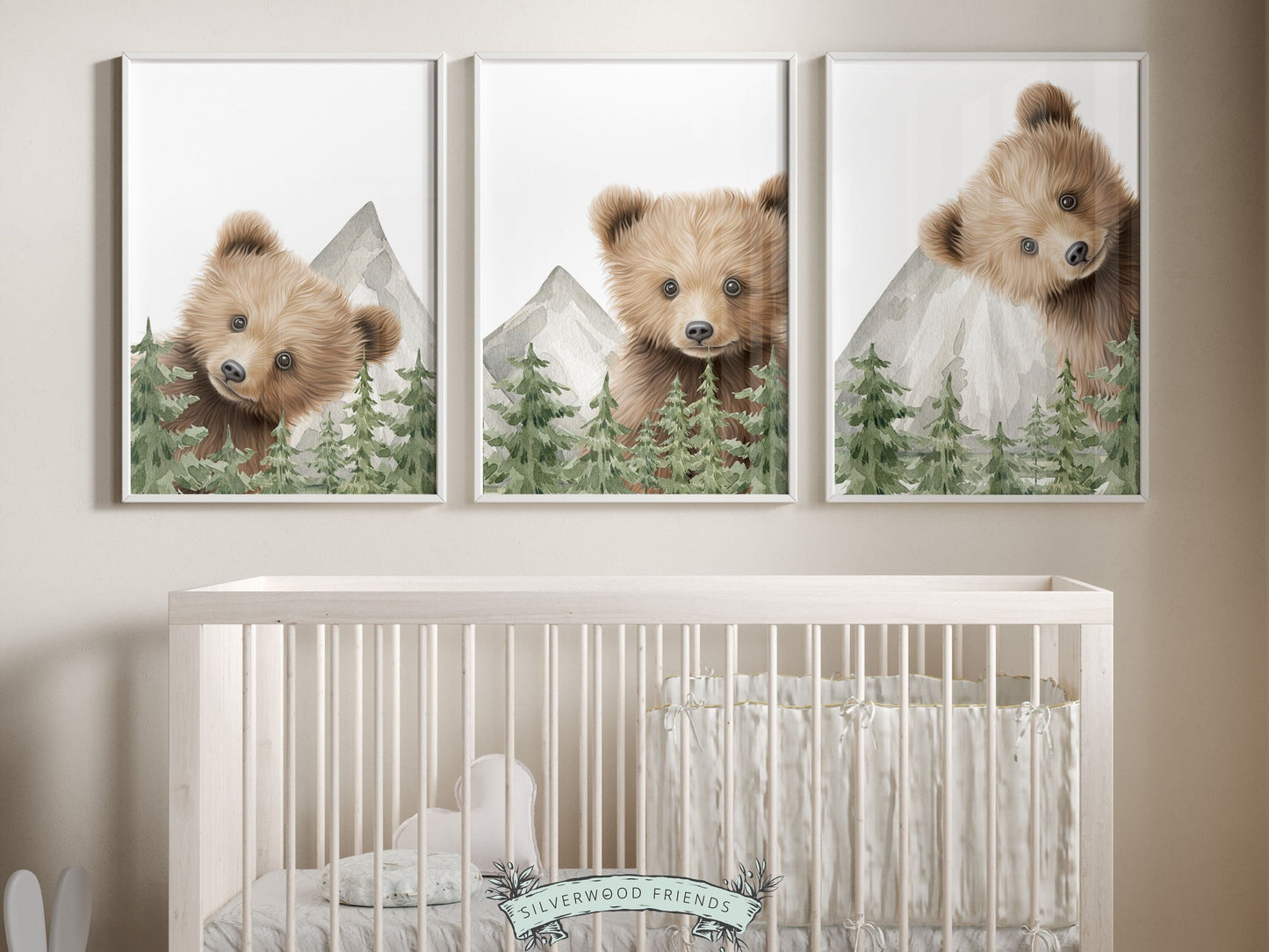 Set of 3 Peeking Bear Woodland Nursery Prints features adorable peeking brown bears with watercolor woodland forest trees and mountain landscape. Its perfect for your bear nursery decor or woodland nursery decor and makes a unique baby shower gift.