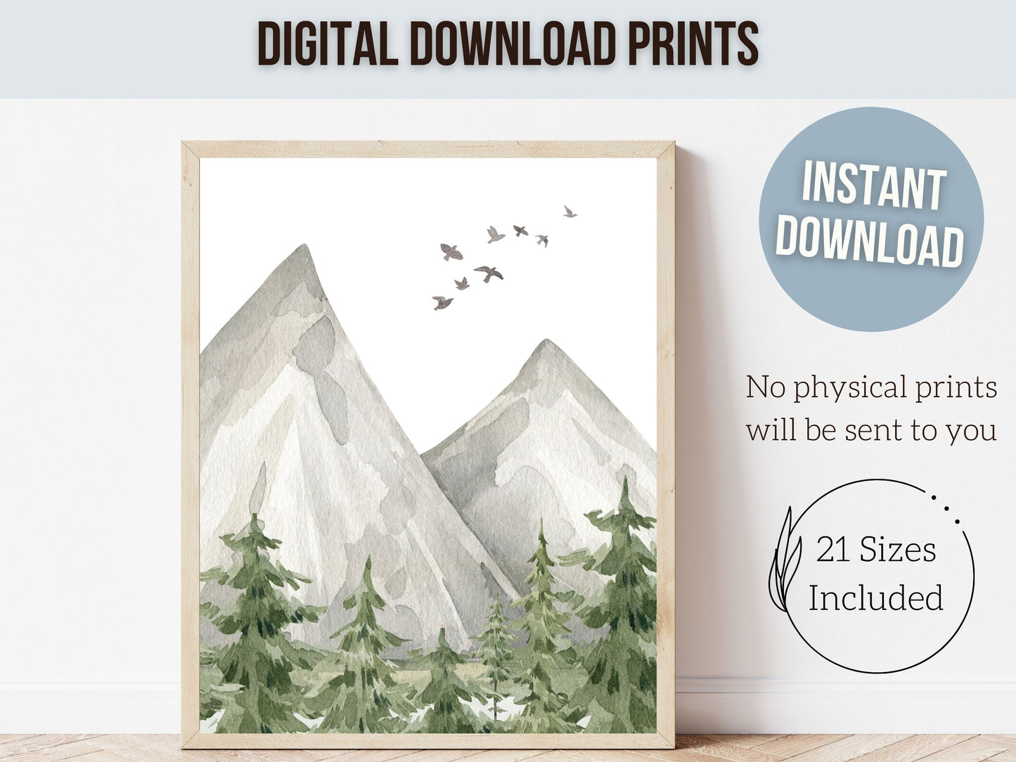 Set of 3 Mountain Print Set, Mountain Nursery Print, Woodland Forest Tree Nursery Decor, Neutral Nature Nursery, Deer Nursery Digital Print