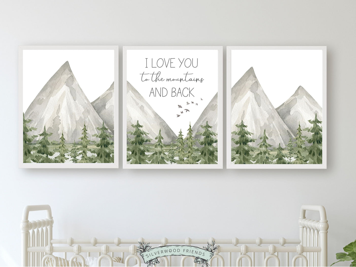 Set of 3 watercolour mountain prints, featuring the quote I love you to the mountains and back set against a mountain and woodland forest landscape.