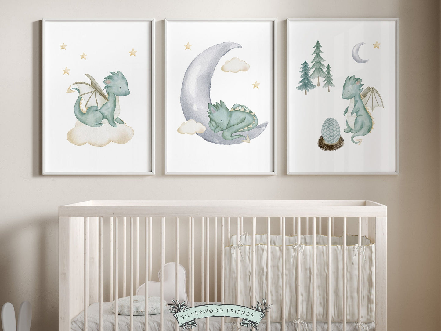 Set of 3 Baby Dragon Nursery Prints featuring watercolor sage green baby dragons, moon and stars. Perfect for your dragon nursery decor and also makes an adorable gender neutral dragon baby shower gift.