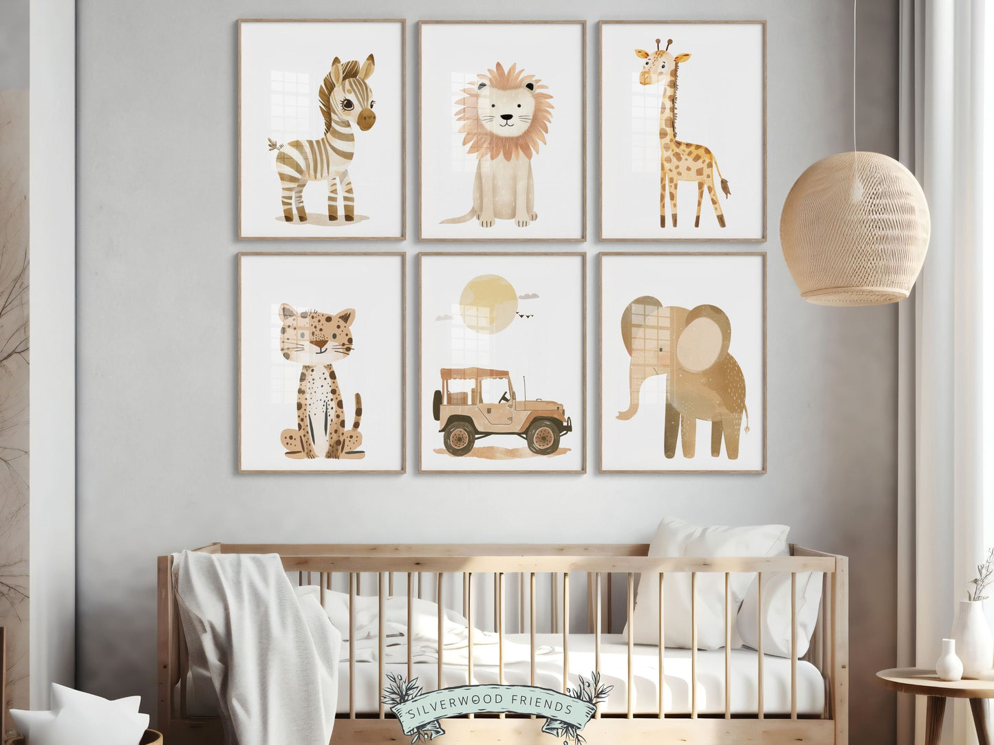 Safari Animal Nursery Prints Set of 6, showcasing safari animals zebra, lion, giraffe, leopard and elephant and safari jeep. These delightful prints are perfect for your safari nursery decor and make a lovely gender neutral safari baby shower gift.