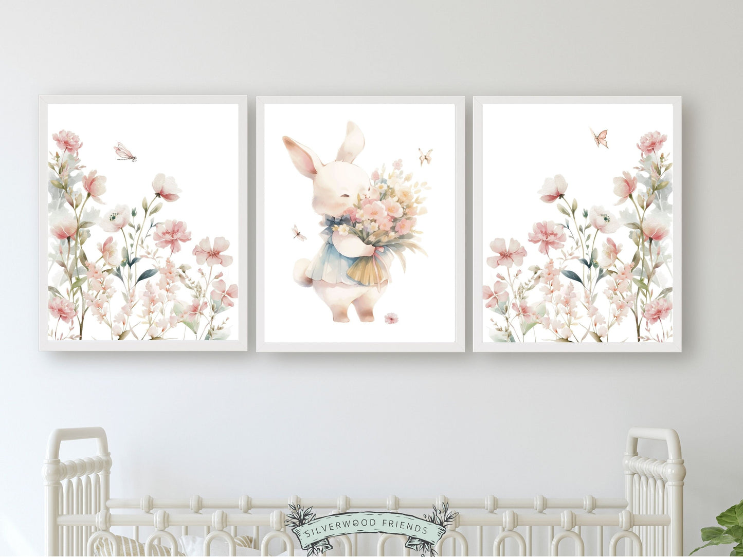 Bunny Nursery Prints, adorned with delicate bunny rabbit, wildflowers, and butterflies. Perfect for crafting a delightful ambiance in your little girl's wildflower nursery or as a charming Easter or baby shower gift for infants and toddlers.