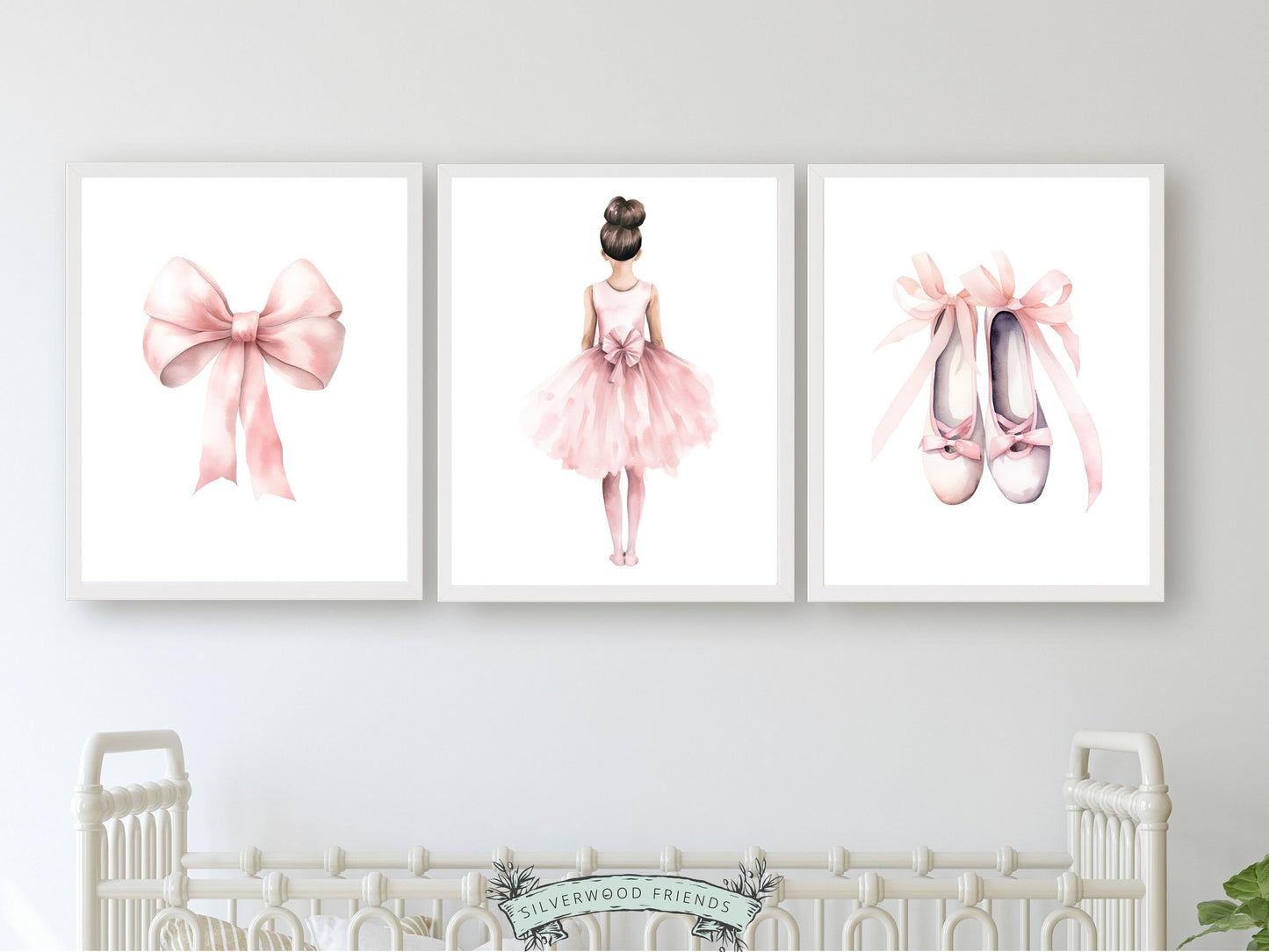 Set of 3 Ballet Nursery Prints, featuring a ballerina, bow, and ballet slippers. Perfect for your ballet themed nursery or dance inspired bedroom, these charming prints inspire imagination and foster a love for ballet.