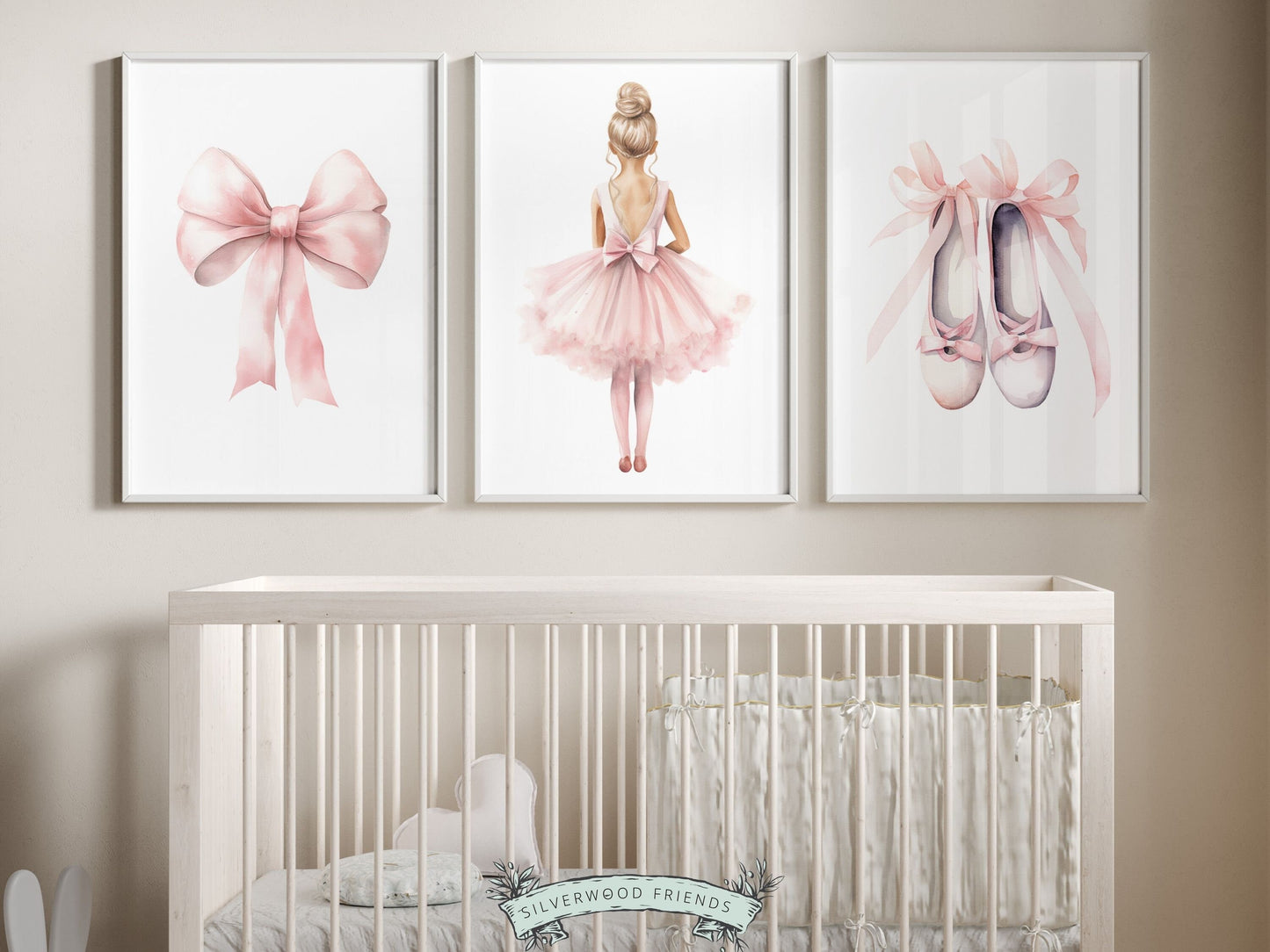 Set of 3 Ballet Nursery Prints, featuring a ballerina, bow, and ballet slippers. Perfect for your ballet nursery decor or dance inspired bedroom, these charming prints inspire imagination and foster a love for ballet.