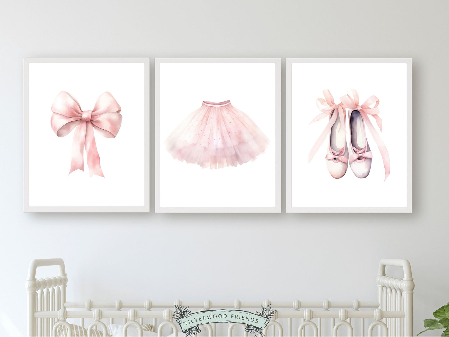 Set of 3 Ballet Nursery Prints, featuring a pale pink bow, tutu and ballet slippers. Perfect for your ballet nursery decor or dance inspired bedroom, these charming prints inspire imagination and foster a love for ballet.
