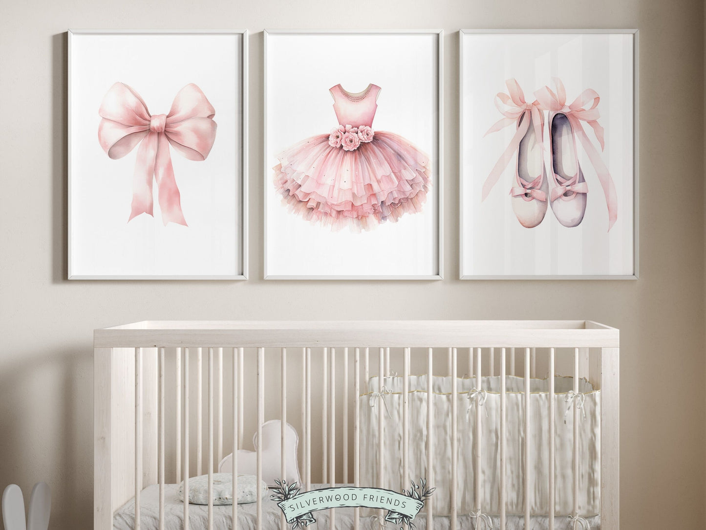 Set of 3 Ballet Nursery Prints, featuring a pale pink bow, tutu and bodice and ballet slippers. Perfect for your ballet nursery decor or dance inspired bedroom, these charming prints inspire imagination and foster a love for ballet.
