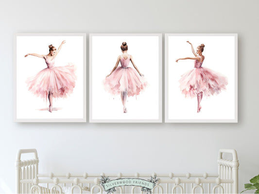 Set of 3 Ballet Nursery Prints, capturing the magic of graceful ballerinas dancing. Adorn her space with these whimsical prints inspiring dreams of twirls and tiptoes. Perfect for your ballet nursery decor or as a unique baby girls baby shower gift.