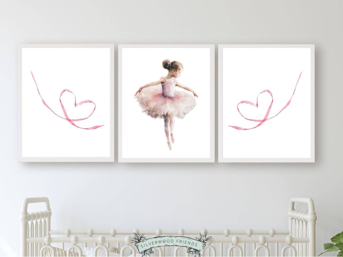 Set of 3 Ballet Nursery Prints, capturing the magic of a little ballerina dancing. Adorn her space with these whimsical prints inspiring dreams of twirls and tiptoes. Perfect for your ballet nursery decor or as a unique baby girls baby shower gift.