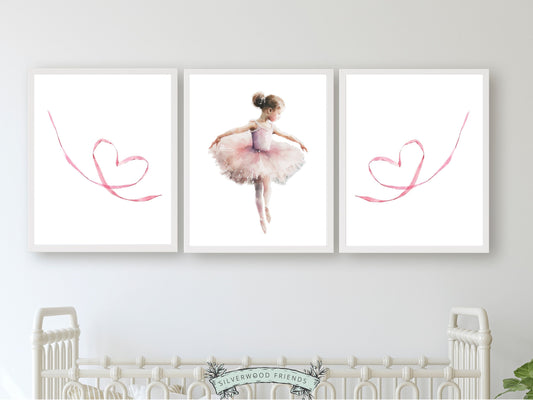 Set of 3 Ballet Nursery Prints, capturing the magic of a little ballerina dancing. Adorn her space with these whimsical prints inspiring dreams of twirls and tiptoes. Perfect for your ballet nursery decor or as a unique baby girls baby shower gift.