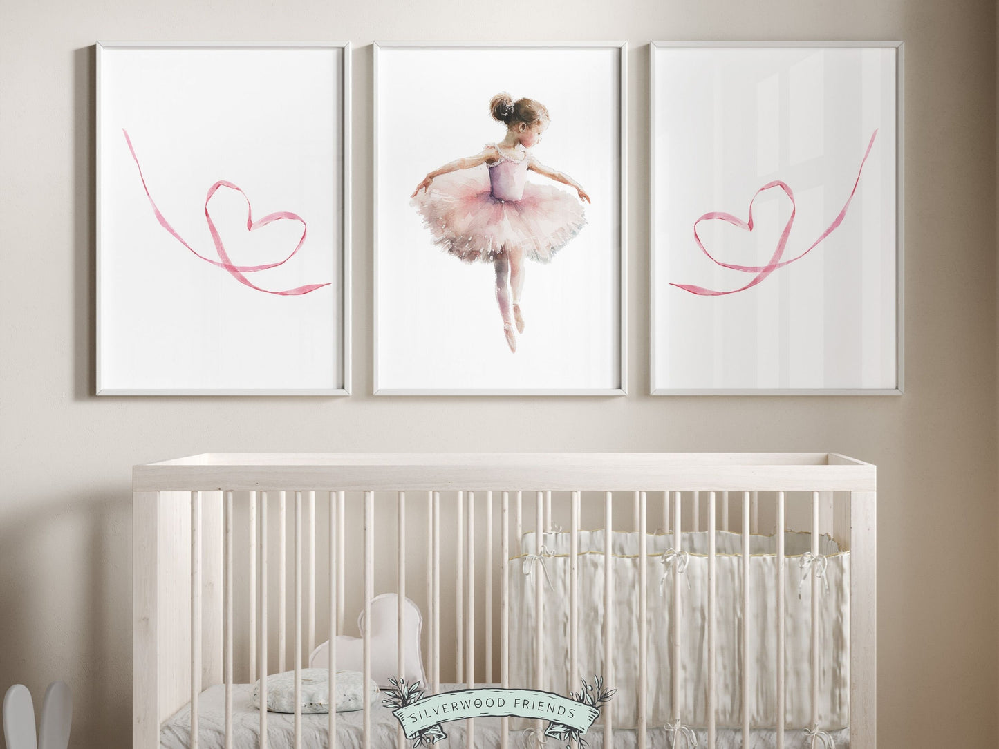 Set of 3 Ballet Nursery Prints, capturing the magic of a little ballerina dancing. Adorn her space with these whimsical prints inspiring dreams of twirls and tiptoes. Perfect for your ballet nursery decor or as a unique baby girls baby shower gift.