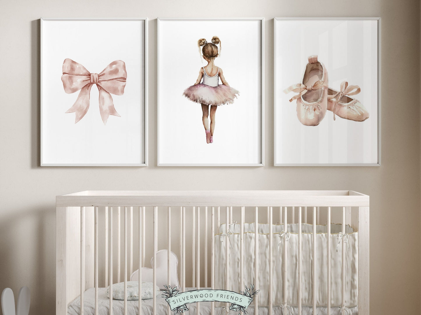 Set of 3 Ballet Nursery Prints, capturing the magic of a little ballerina, bow and ballet slippers. Adorn her space with these whimsical prints inspiring dreams of twirls and tiptoes. Perfect for your ballet nursery decor or as a baby shower gift.