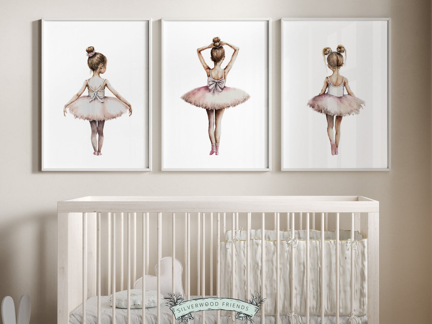 Set of 3 Ballet Nursery Prints, capturing the magic of little ballerina's. Adorn her space with these whimsical prints inspiring dreams of twirls and tiptoes. Perfect for your ballet nursery decor or as a unique baby girls baby shower gift.