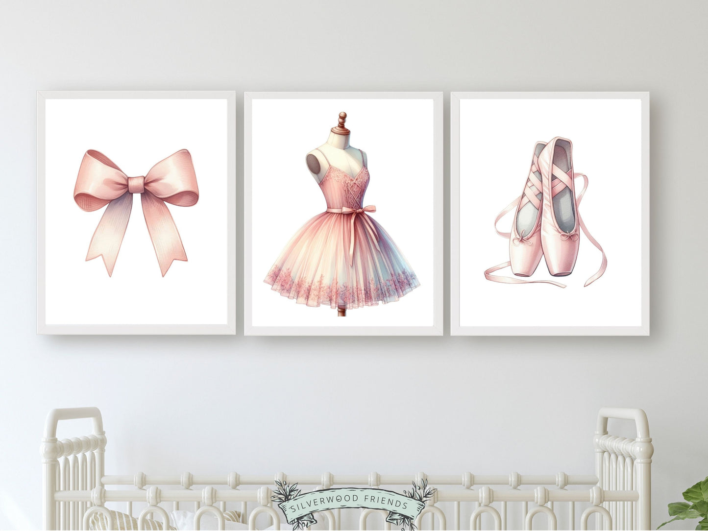 Set of 3 Ballet Prints, showcasing delicate pale pink ballet shoes, bow, and tutu. These whimsical artworks make for an ideal addition to your ballet nursery decor and also make an adorable baby shower gift that captures the enchantment of twirls and tiptoes.