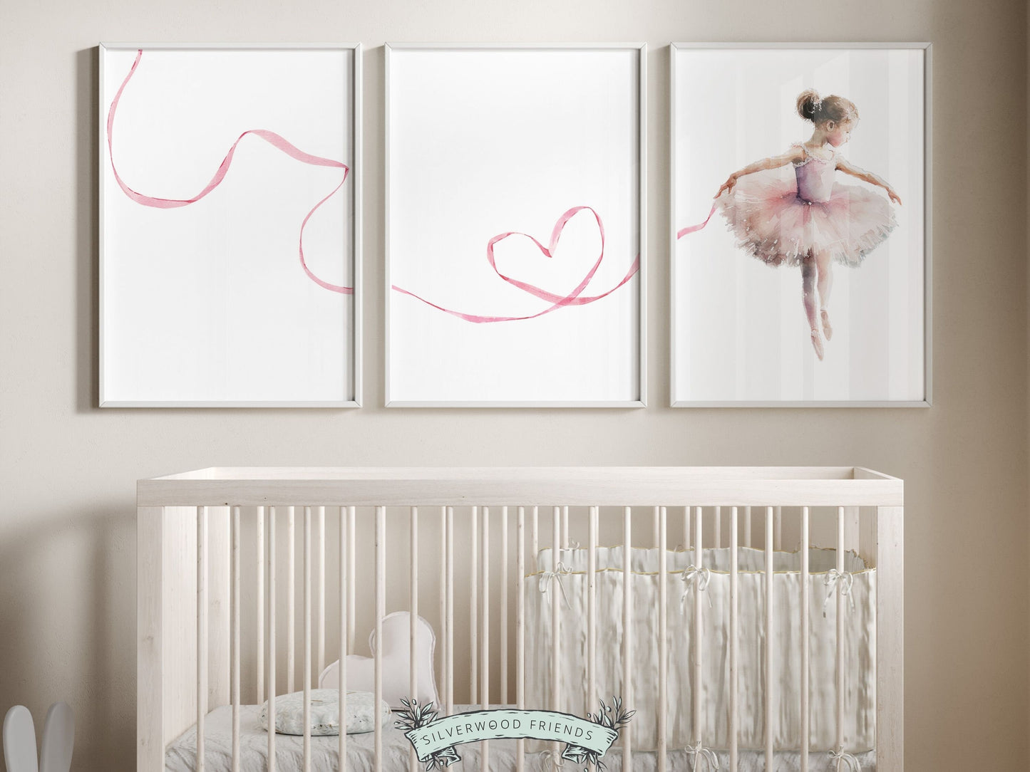 Set of 3 Ballet Nursery Prints, capturing the magic of a little ballerina dancing. Adorn her space with these whimsical prints inspiring dreams of twirls and tiptoes. Perfect for your ballet nursery decor or as a unique baby girls baby shower gift.