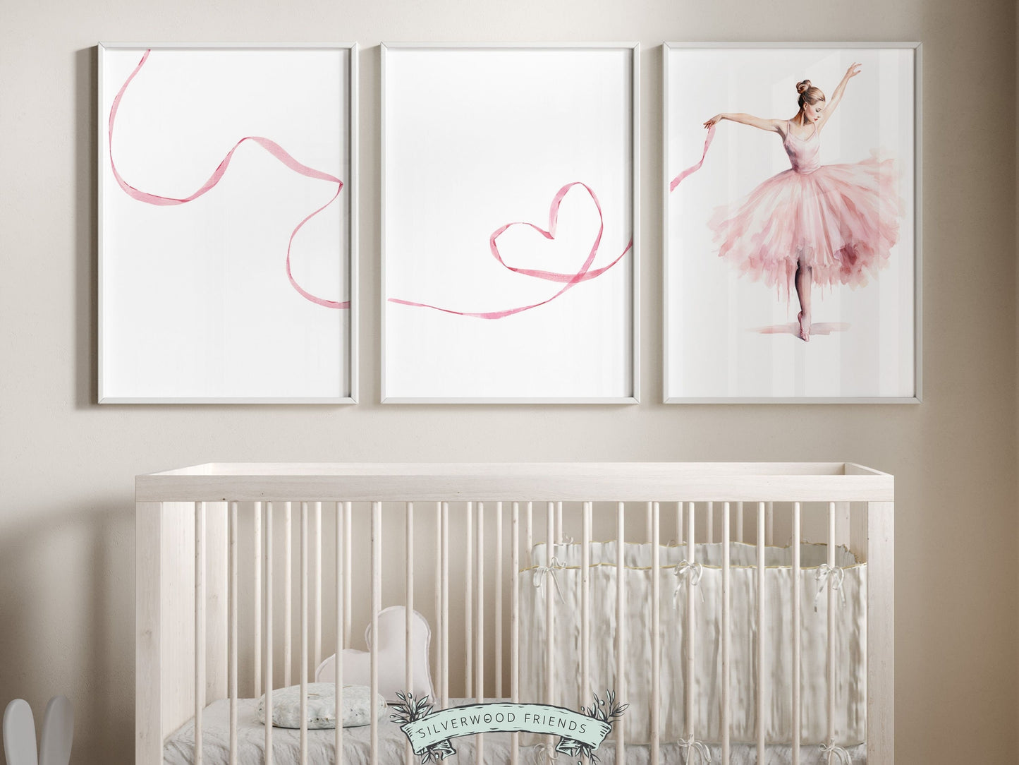 Set of 3 Ballet Nursery Prints, capturing the magic of a graceful ballerina dancing. Adorn her space with these whimsical prints inspiring dreams of twirls and tiptoes. Perfect for your ballet nursery decor or as a unique baby girls baby shower gift