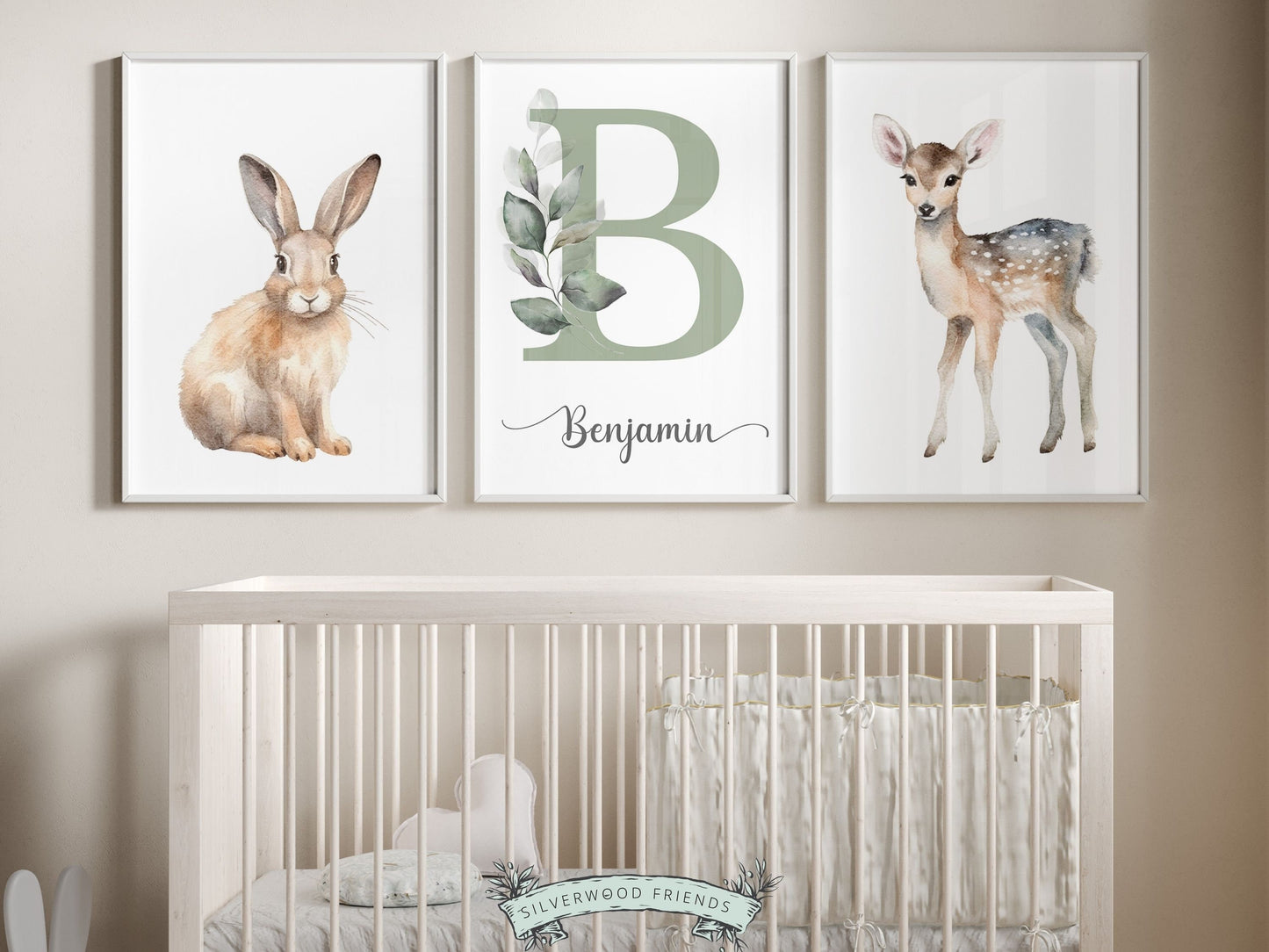 Create a personalised touch in your baby's nursery with our gorgeous Woodland Animal Custom Name Nursery Prints. Featuring deer, bunny and custom name/letter print. Its perfect for your woodland nursery decor and as a woodland baby shower gift.