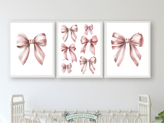 Set of 3 Pink Bow Prints, exuding a perfect blend of preppy charm and balletcore elegance. These delightful prints are a versatile addition to any room, whether youre styling a preppy dorm room or enhancing your baby girls nursery decor.