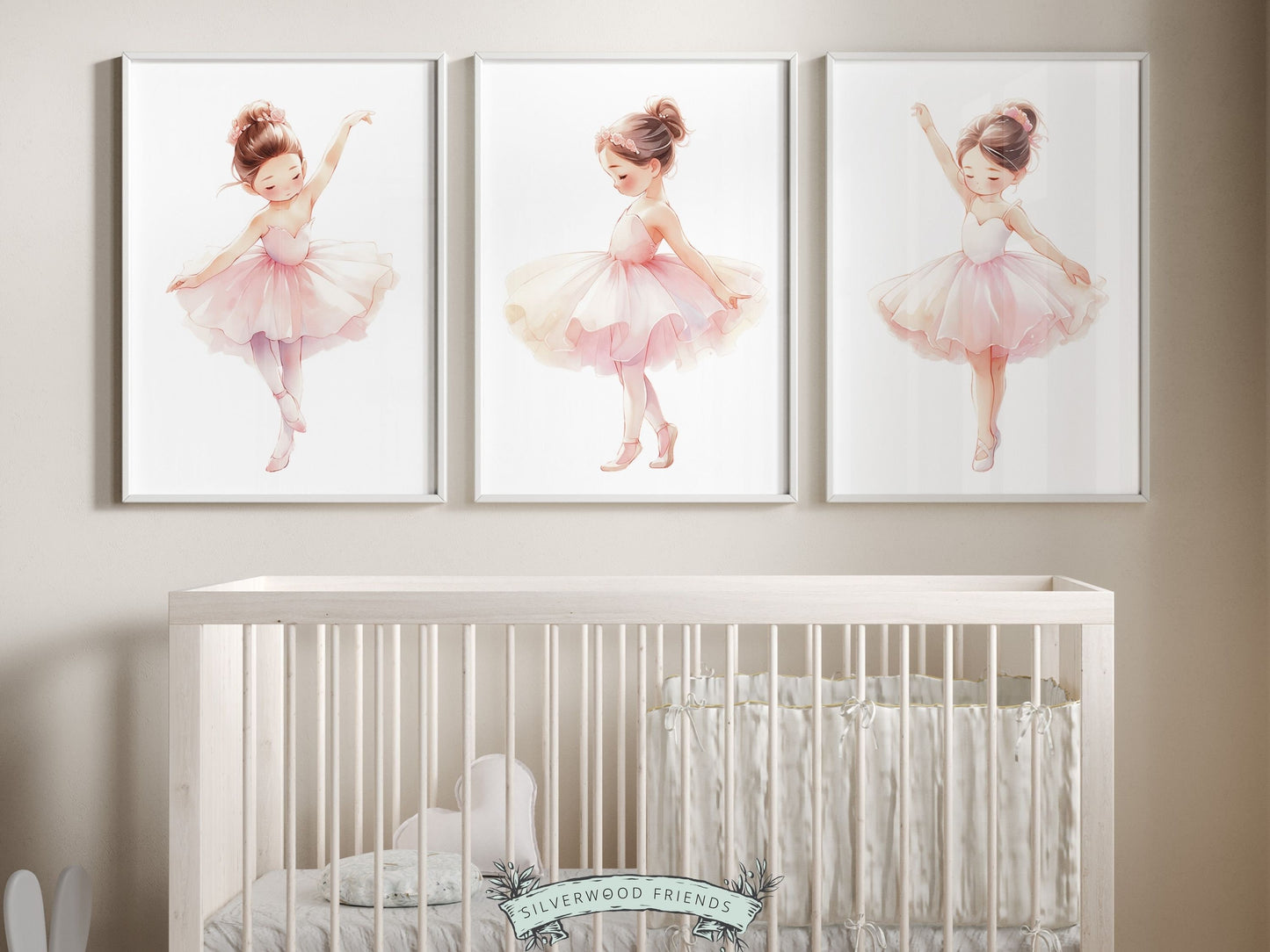 Set of 3 Ballet Prints featuring adorable little ballerinas. These whimsical artworks are an ideal addition to your ballet nursery decor, creating a dreamy ambiance or making for a distinctive baby girls baby shower gift.