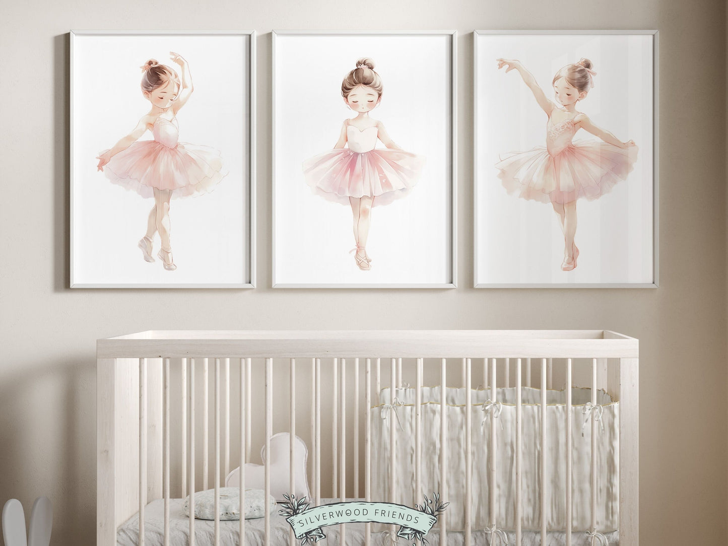 Set of 3 Ballet Prints featuring adorable little ballerina's. These whimsical artworks are an ideal addition to your ballet nursery decor or as an adorable baby girls baby shower gift that captivates the magic of twirls and tiptoes.